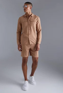 Long sleeve Linen Shirt & Short Set brown