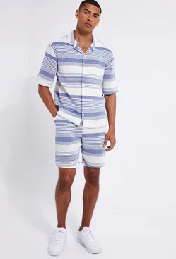Short Sleeve Drop Revere Stripe Shirt & Short Set Blue