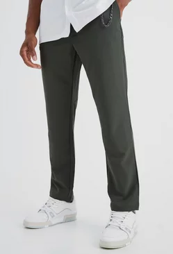 Elasticated Slim Crop 4 Way Stretch Chain Pants Khaki