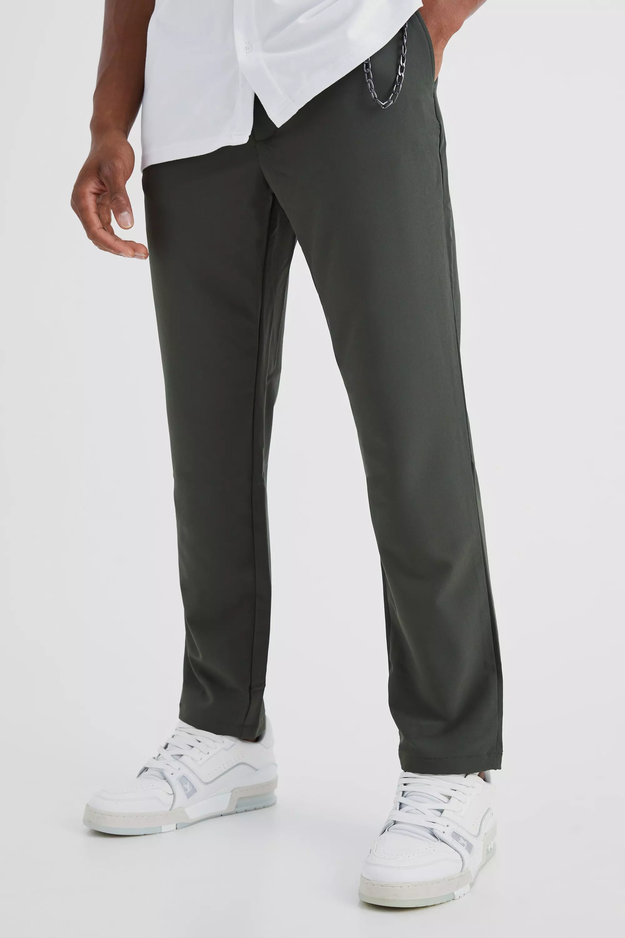 Elasticated Slim Crop 4 Way Stretch Chain Pants Khaki