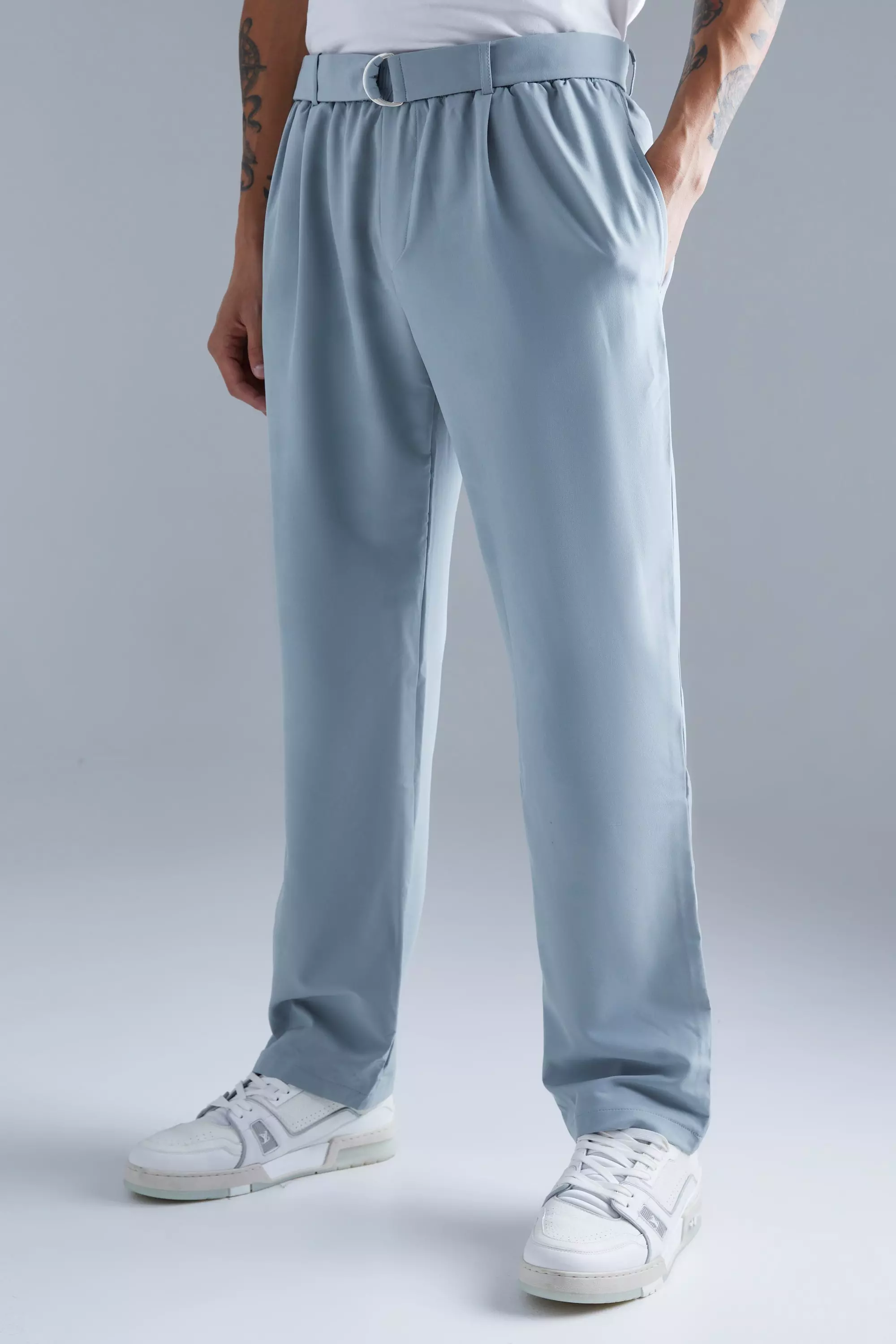 Elasticated Straight Belted 4 Way Stretch Pants Light grey