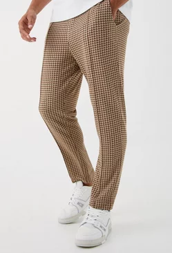 Beige Elasticated Tapered Pintuck Dogstooth Pants