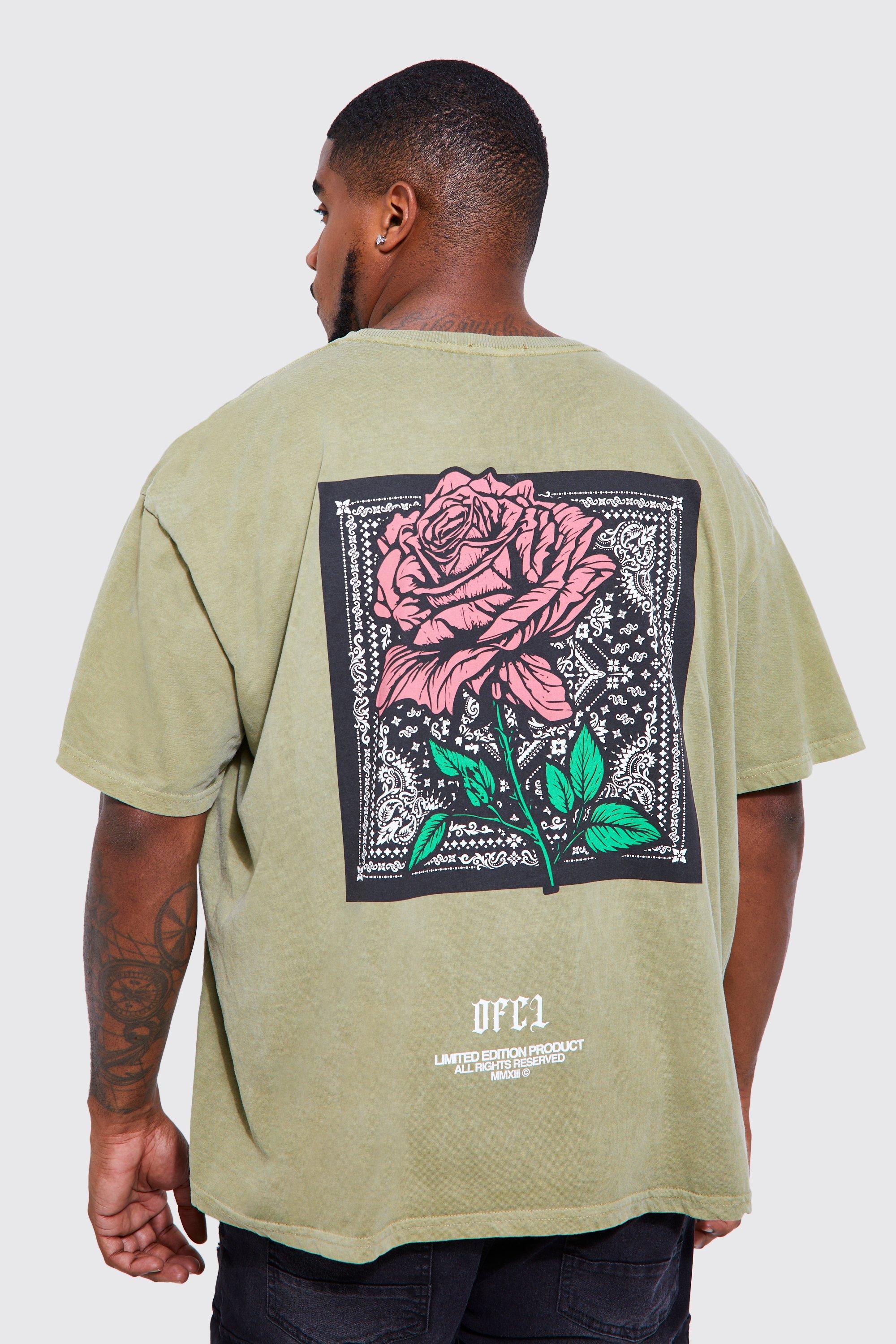 boohooMAN Plus Size Oversized Rose Back Graphic T-Shirt