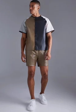 Short Sleeve Collarless Pu Boxy Shirt & Short Set Multi