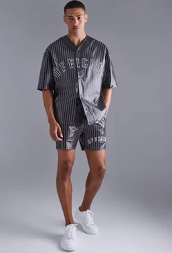 Short Sleeve Oversized Pu Baseball Shirt & Short Set Black