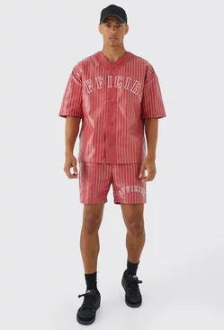 Short Sleeve Oversized Pu Baseball Shirt & Short Set Red
