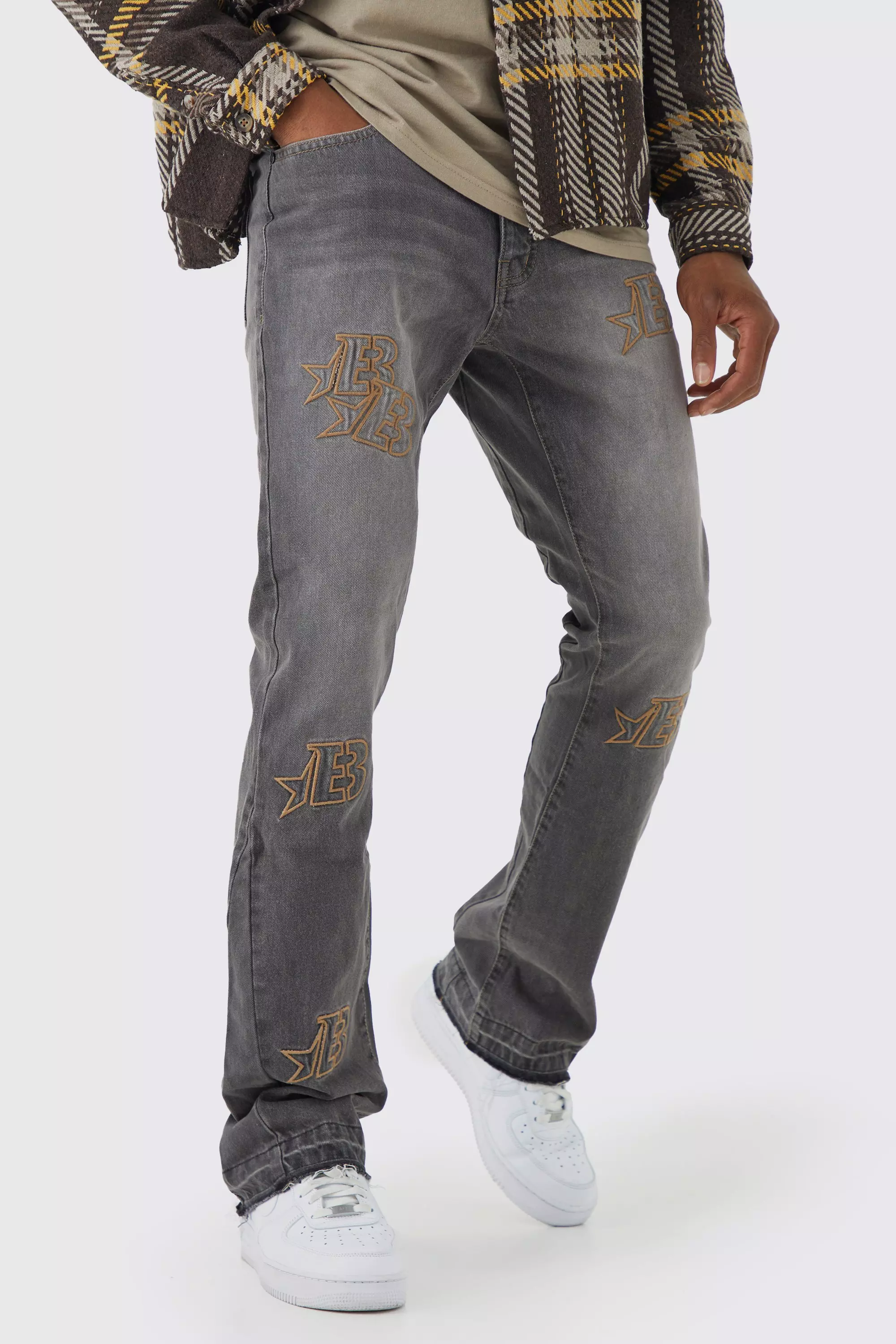Slim Rigid Flare Distressed Applique Jeans Grey