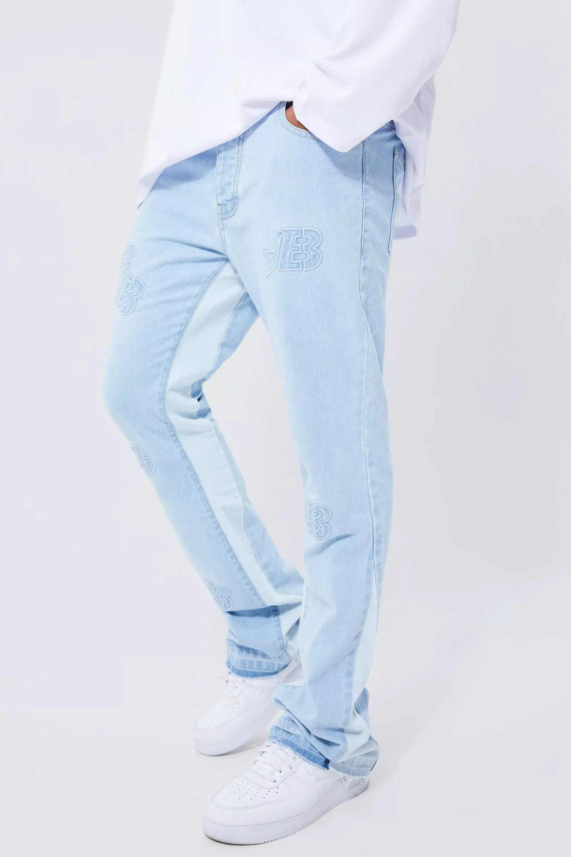 Slim Rigid Flare Distressed Applique Jeans Ice blue