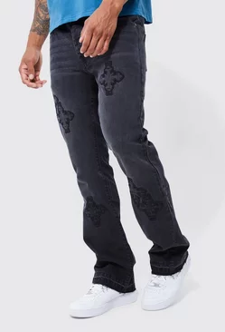 Black Slim Rigid Flare Cross Applique Jean