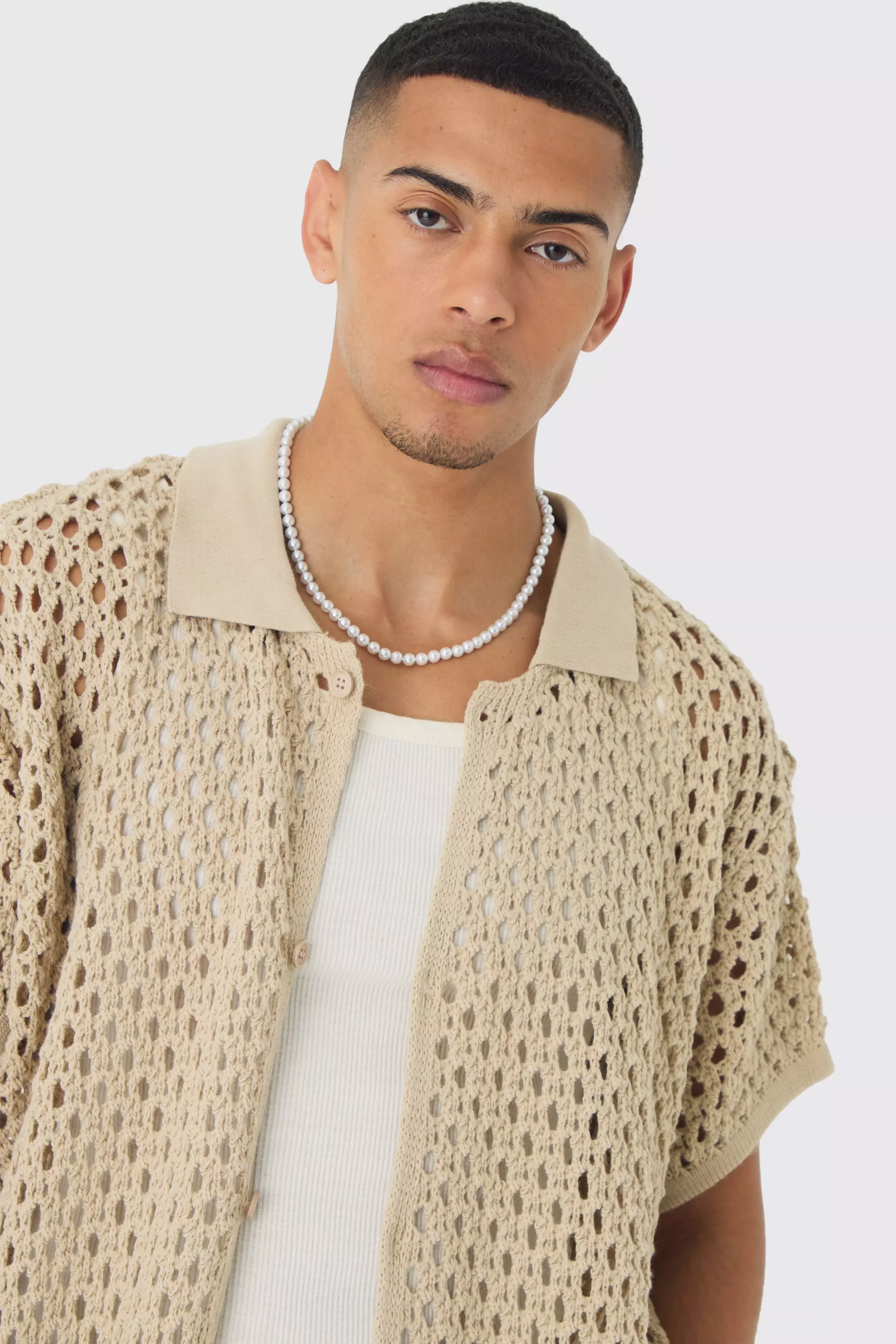 boohoo OPEN STITCH リラックス ニット シャツ STONE Oversized Boxy Fit Crochet Shirt | boohooMAN USA