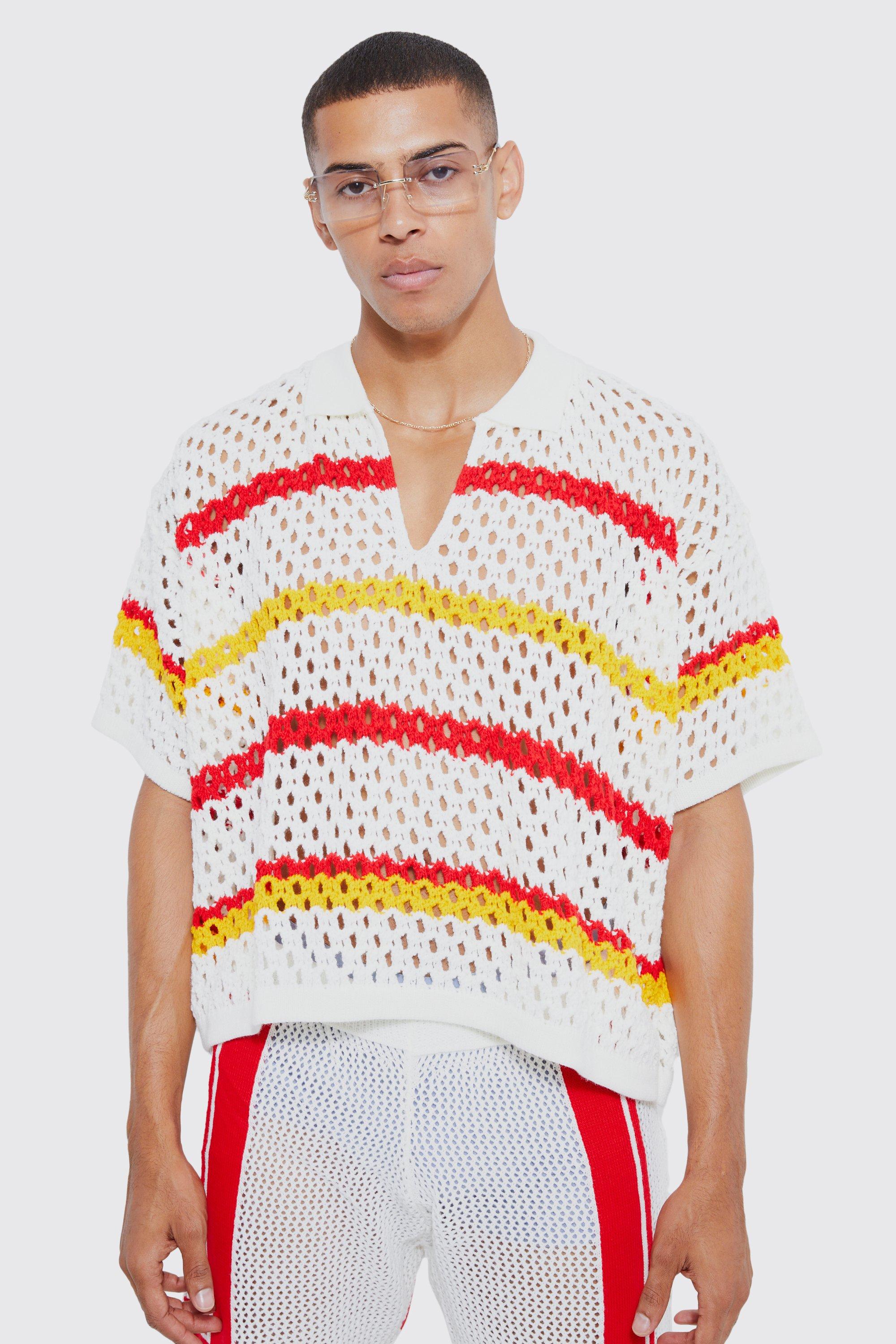 Oversized Boxy Crochet Stripe Polo | boohooMAN USA