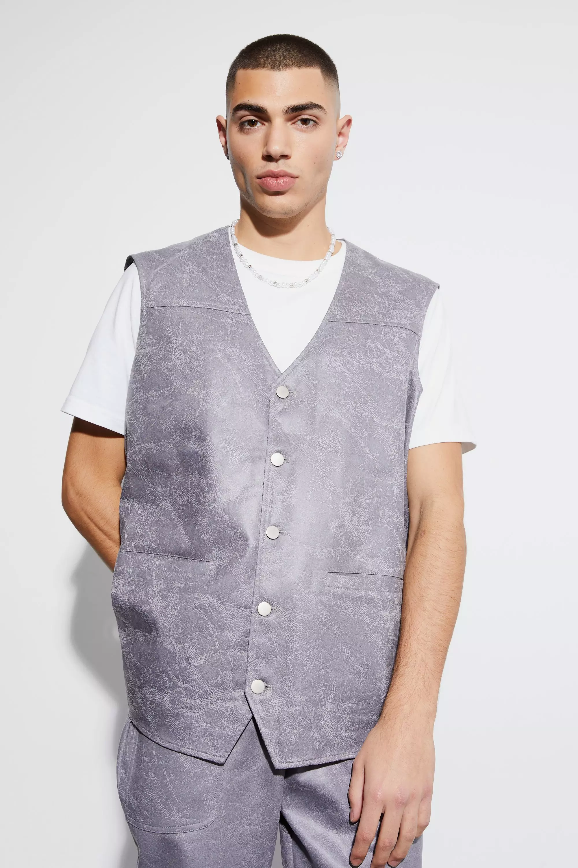 Charcoal Oversized Vintage PU Gilet alternatieve afbeelding