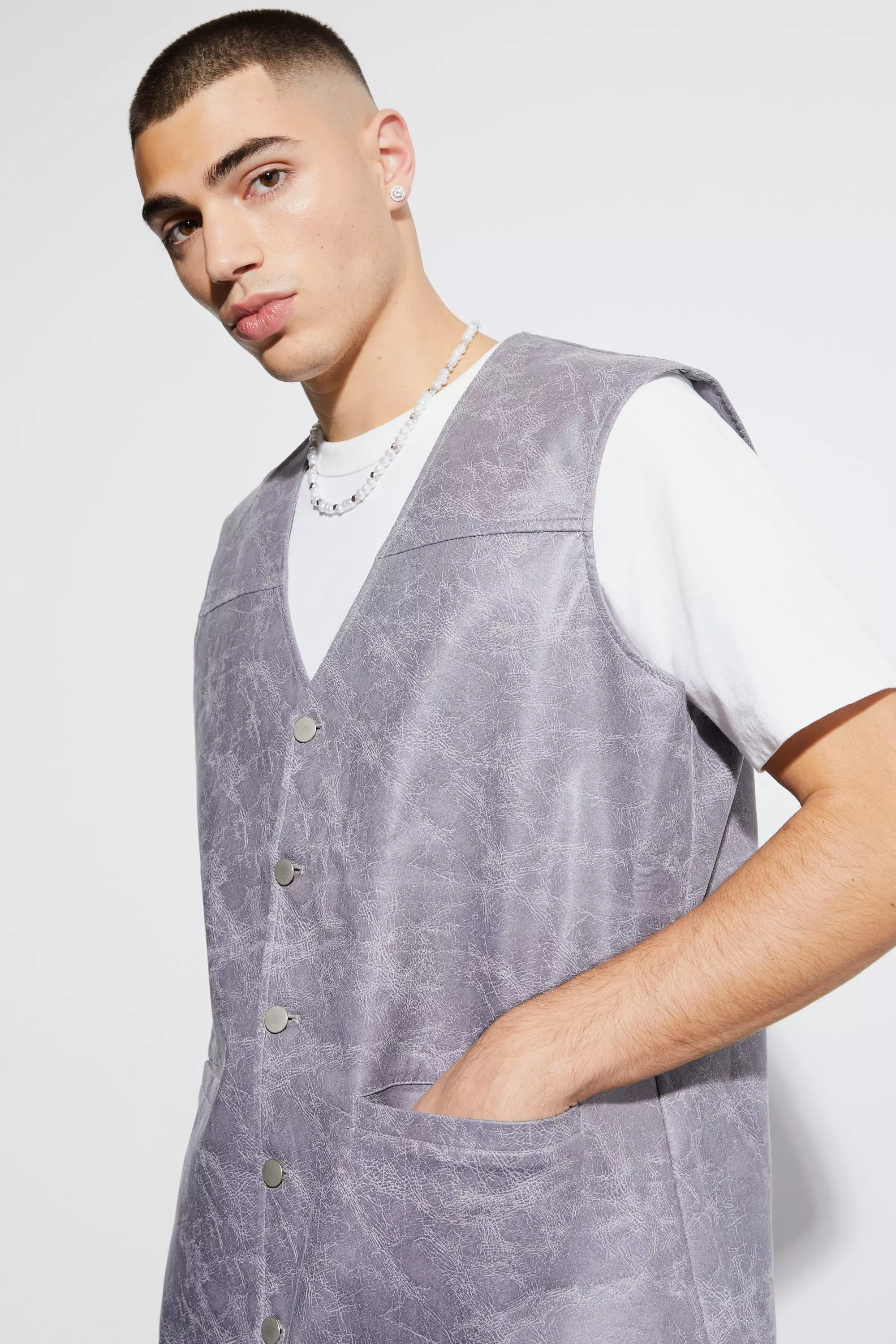 Charcoal Oversized Vintage PU Gilet alternatieve afbeelding