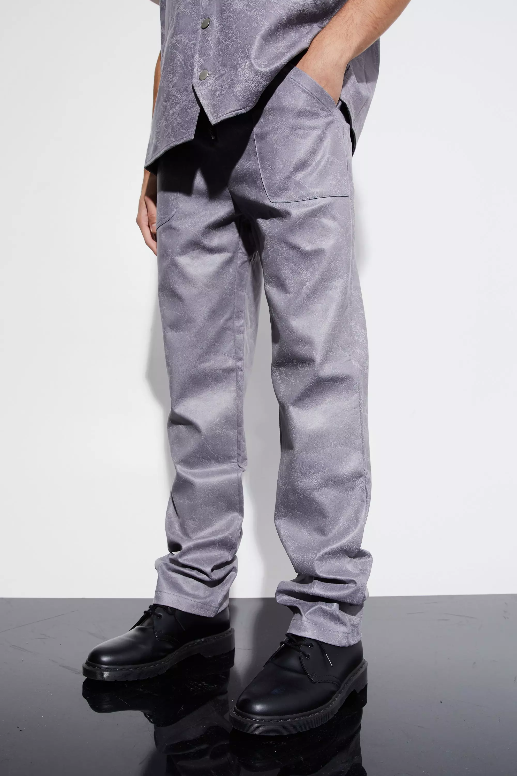 Charcoal Grey Vintage Pu Straight Leg Zip Suit Pants