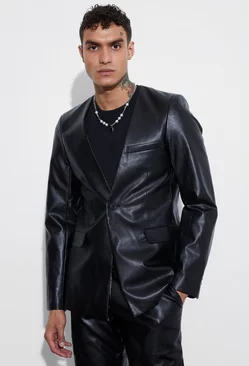 Collarless Pu Slim Fit Suit Jacket Black