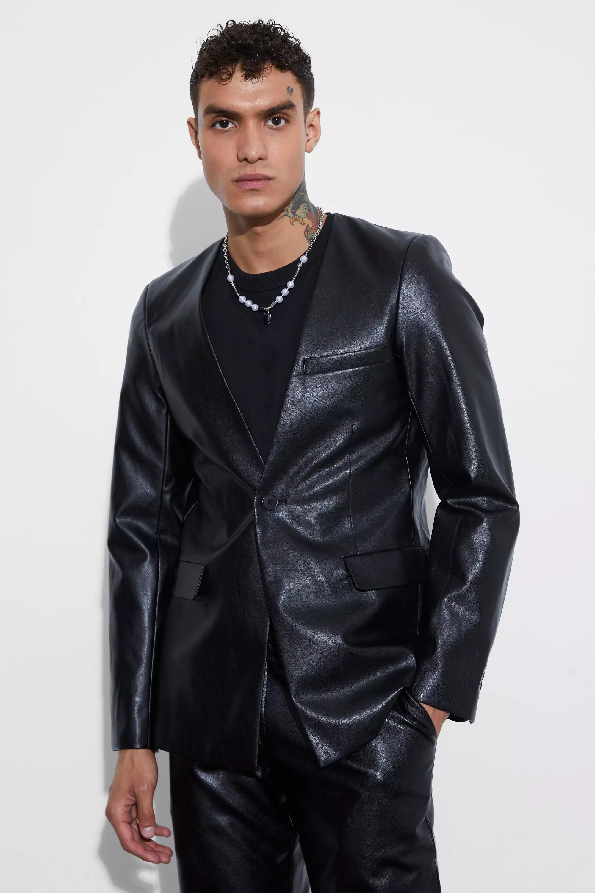 Collarless Pu Slim Fit Suit Jacket Black