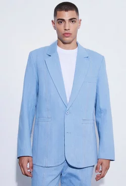 Blue Relaxed Single Breasted Denim Suit Jacket