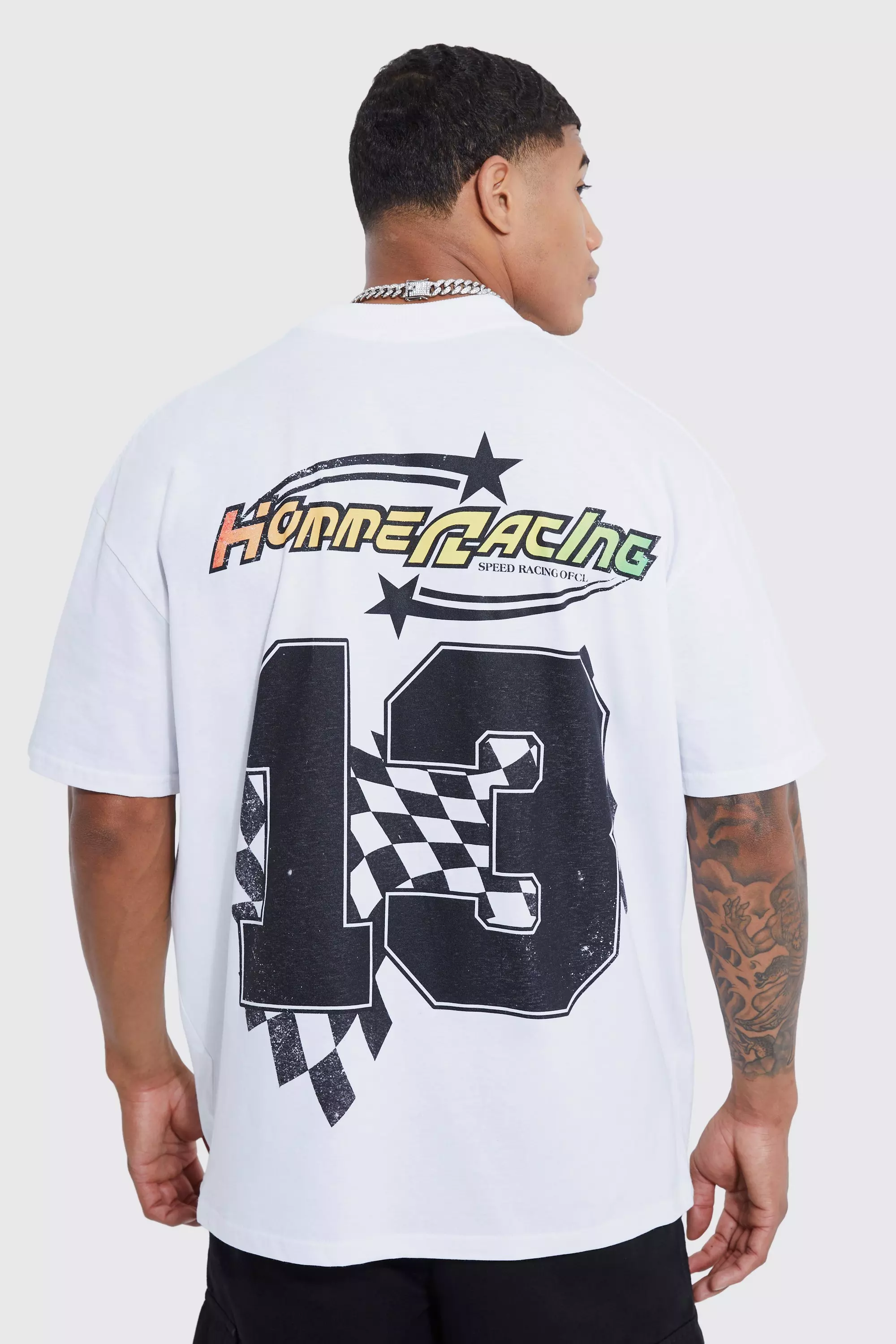 White Oversized Extended Neck Moto Print T-shirt