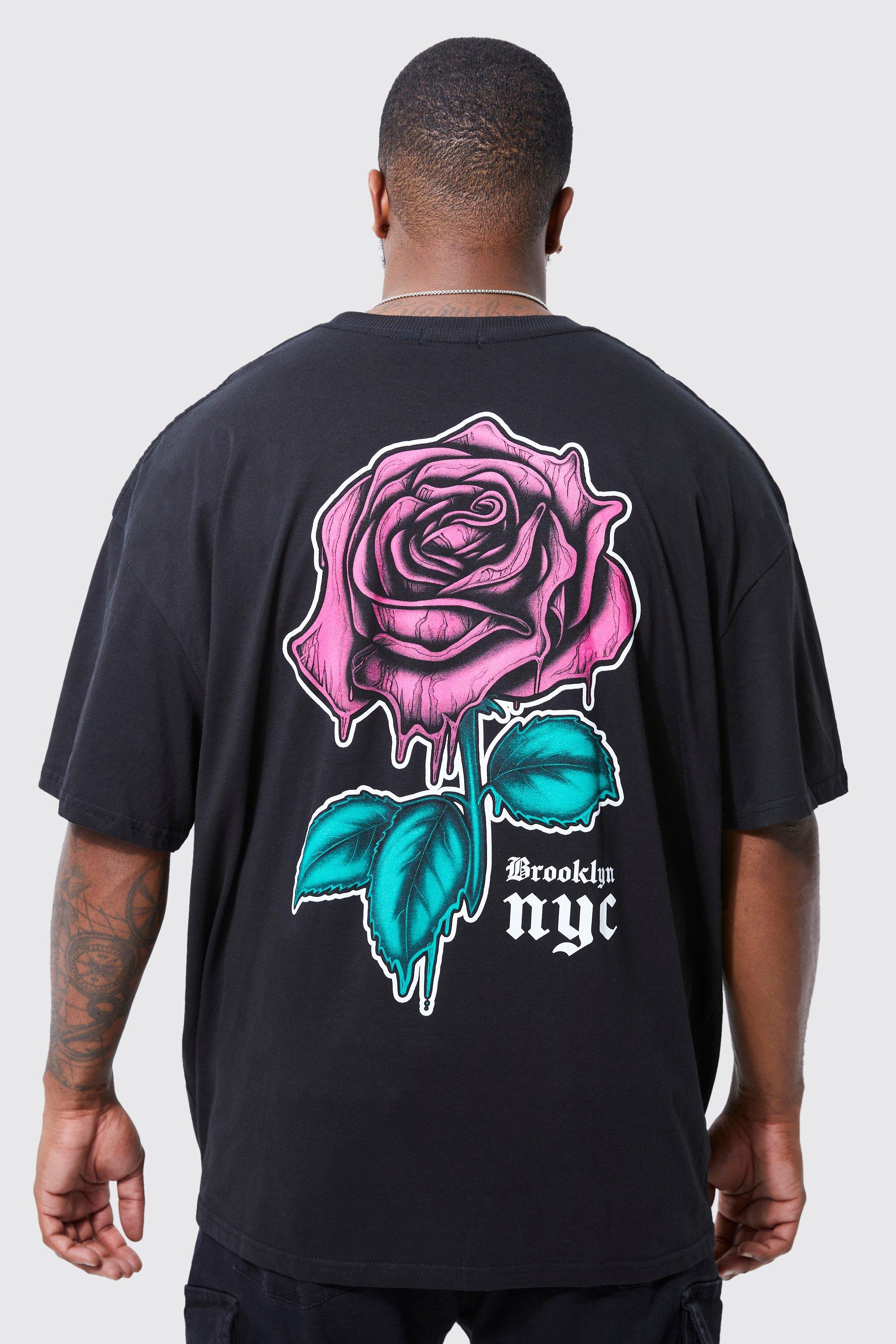 boohooMAN Plus Size Oversized Rose Back Graphic T-Shirt