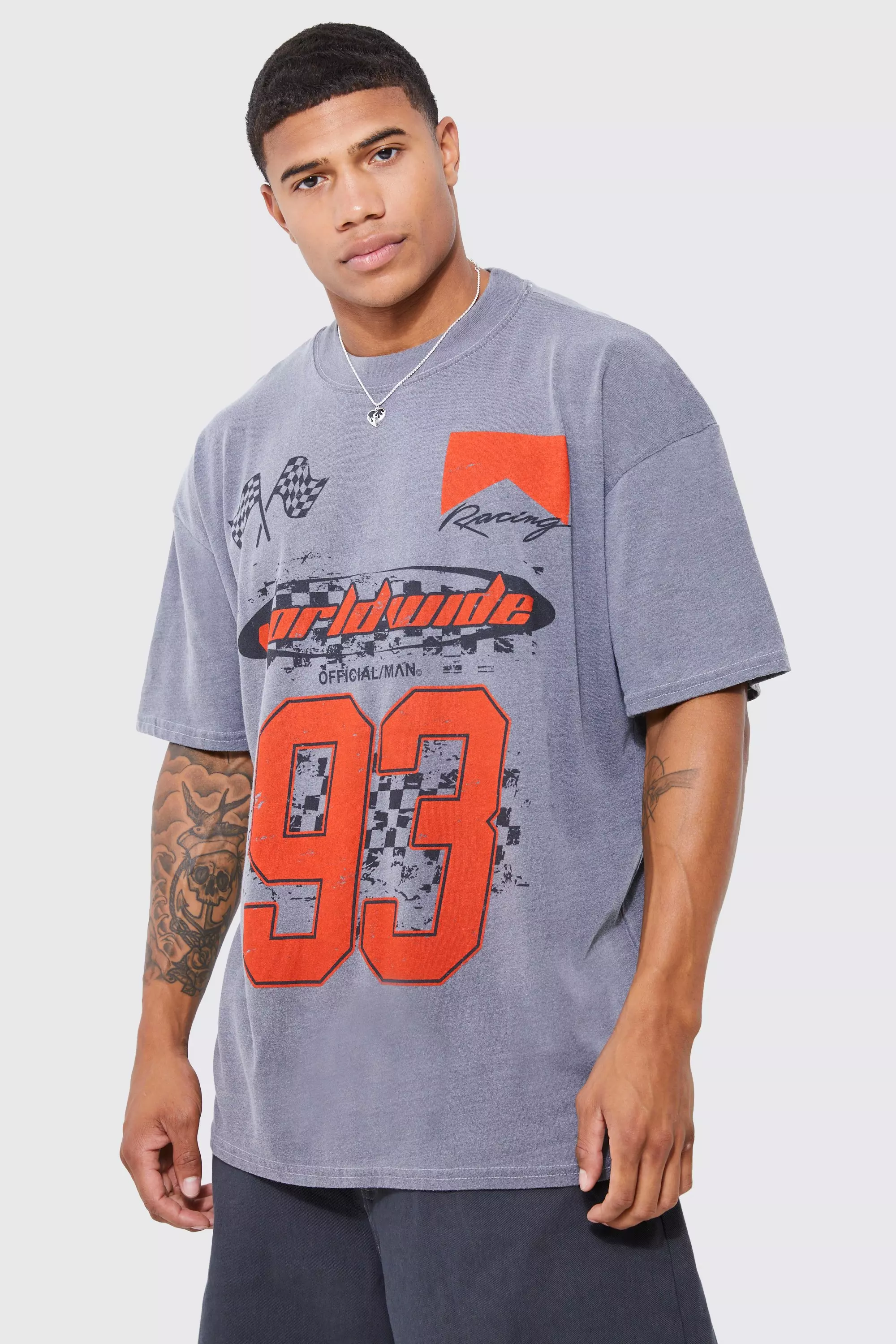 Oversized Extended Neck Washed Moto T-shirt | boohooMAN USA