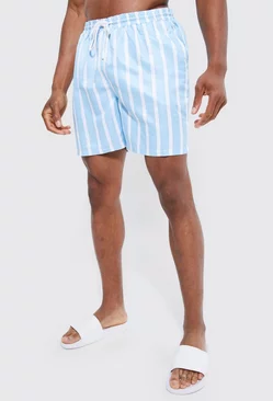 Blue Mid Length Striped Swim Shorts