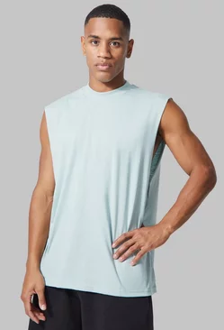 Sage Green Man Active Gym Tank With Woven Tab