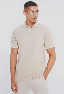 Crown Embroidered Tipped Pique Polo Taupe
