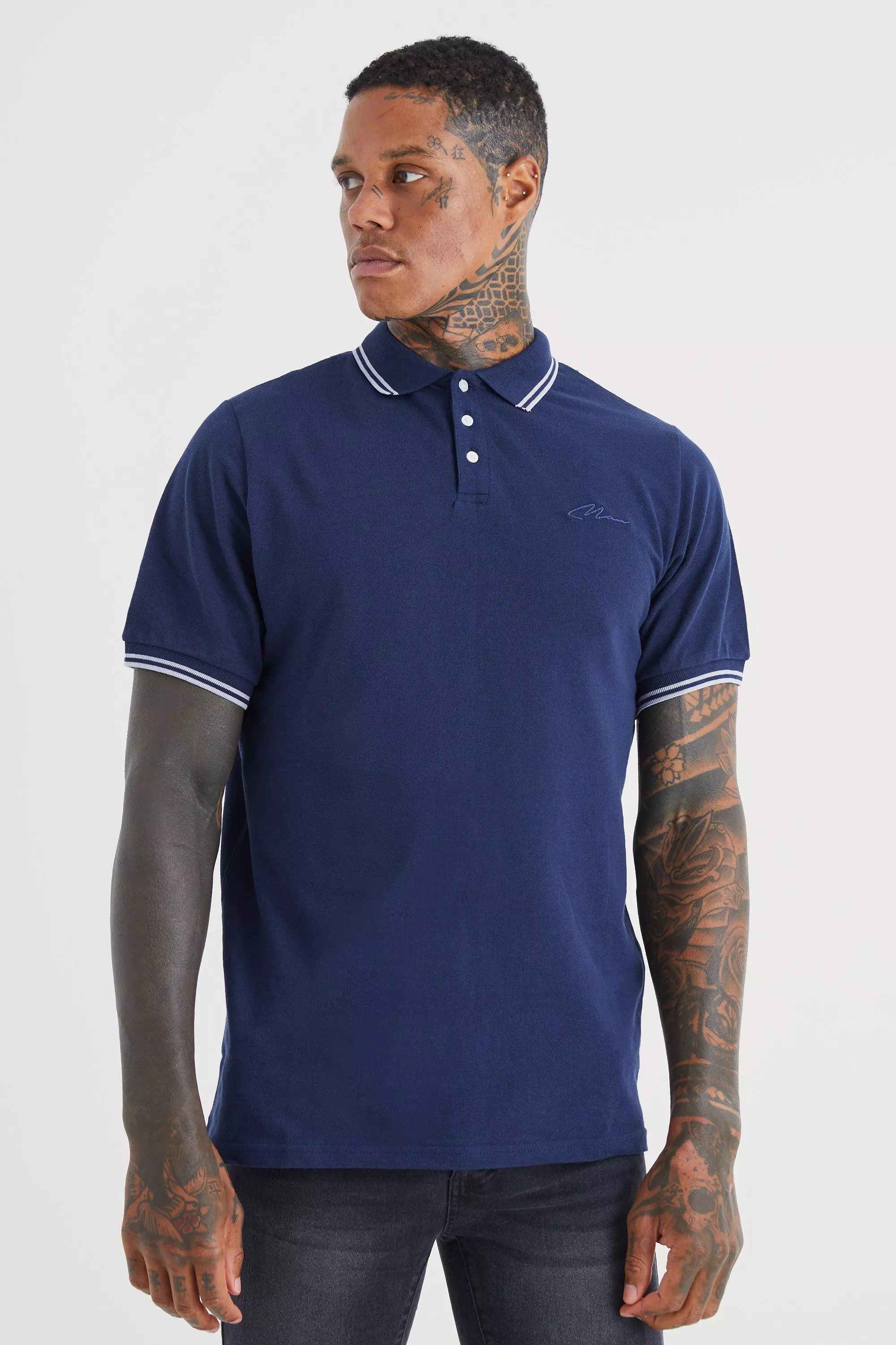 boohooMAN Collarless Slim Fit Zip Polo