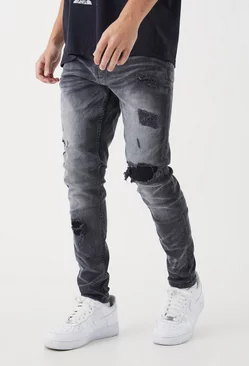 Grey Skinny Stretch Rip & Repair Self Fabric Jeans