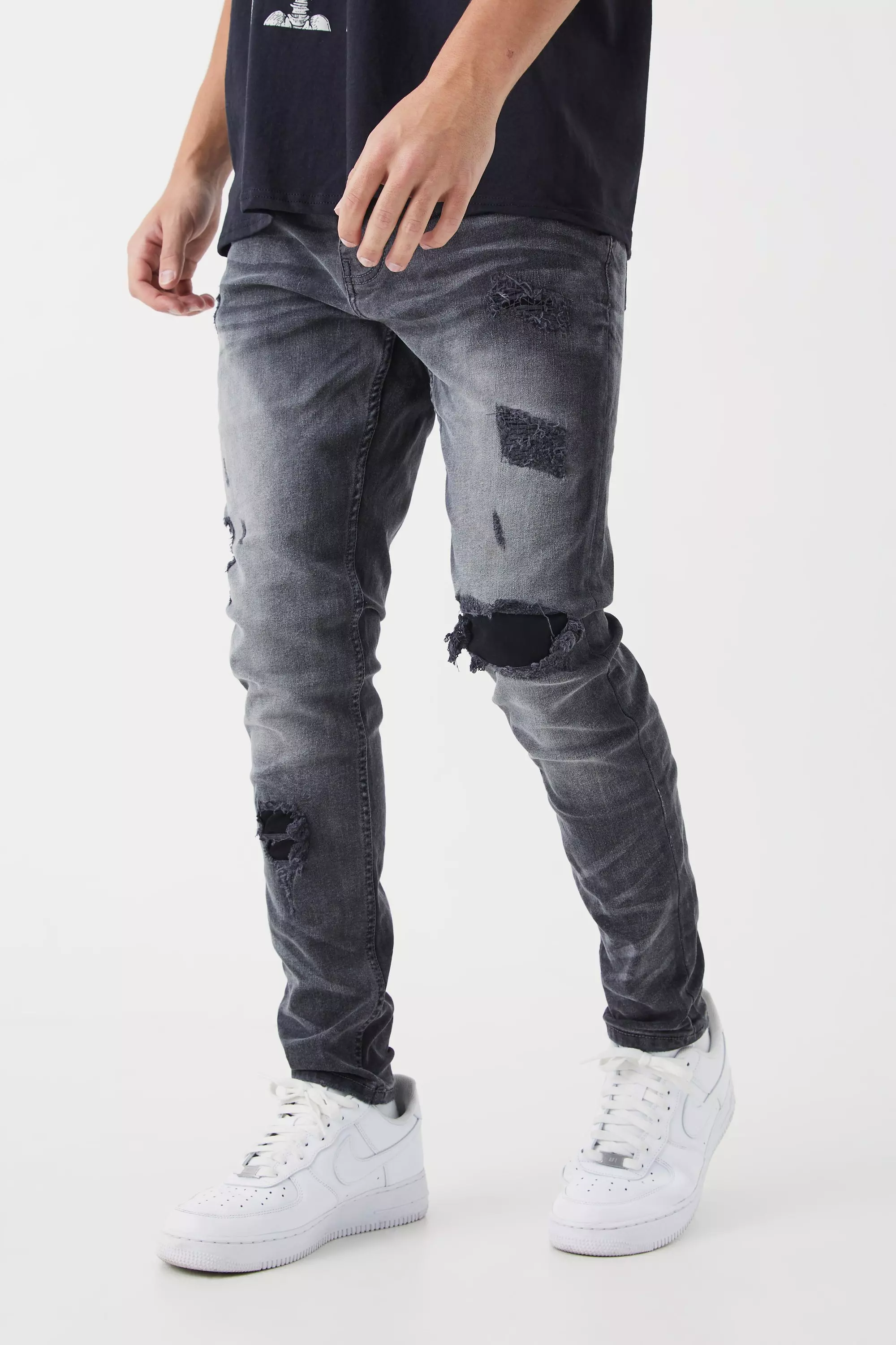 Skinny Stretch Rip & Repair Self Fabric Jeans Mid grey