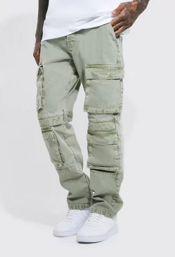 Relaxed Fit Washed Multi Pocket Cargo Jeans Sage