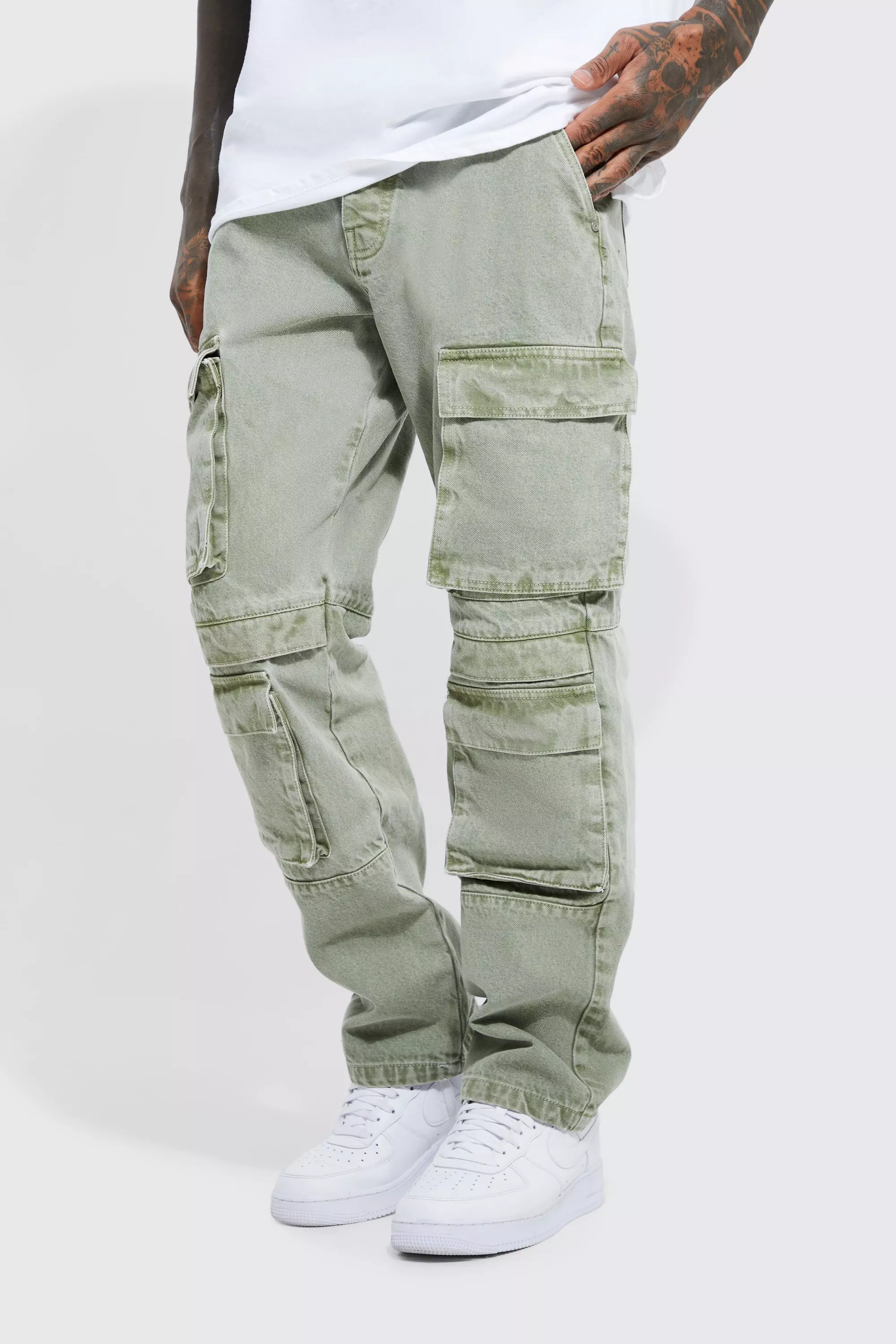 Sage Green Relaxed Fit Washed Multi Pocket Cargo Jeans