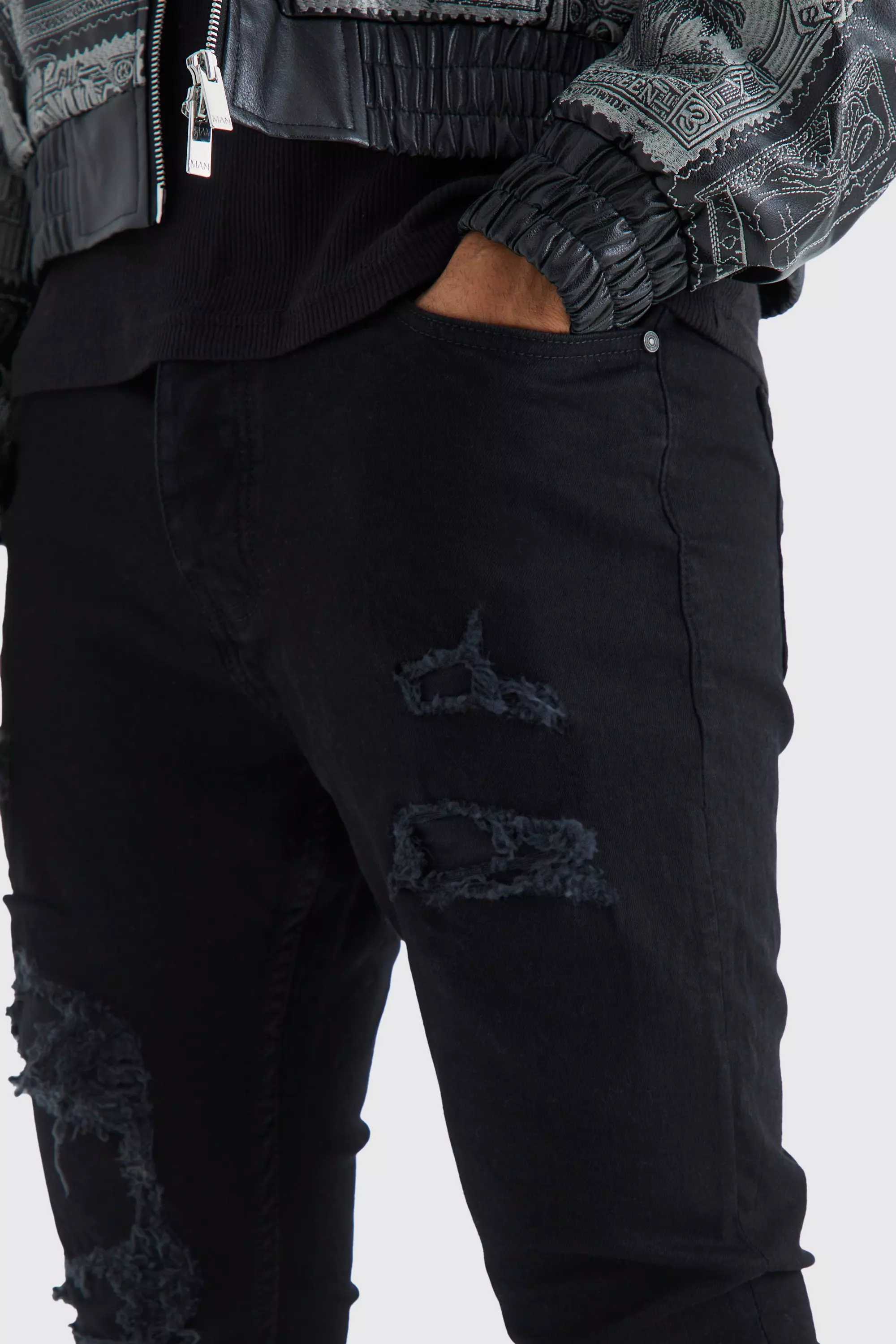 Skinny Stacked Distressed Ripped Jeans | boohooMAN USA