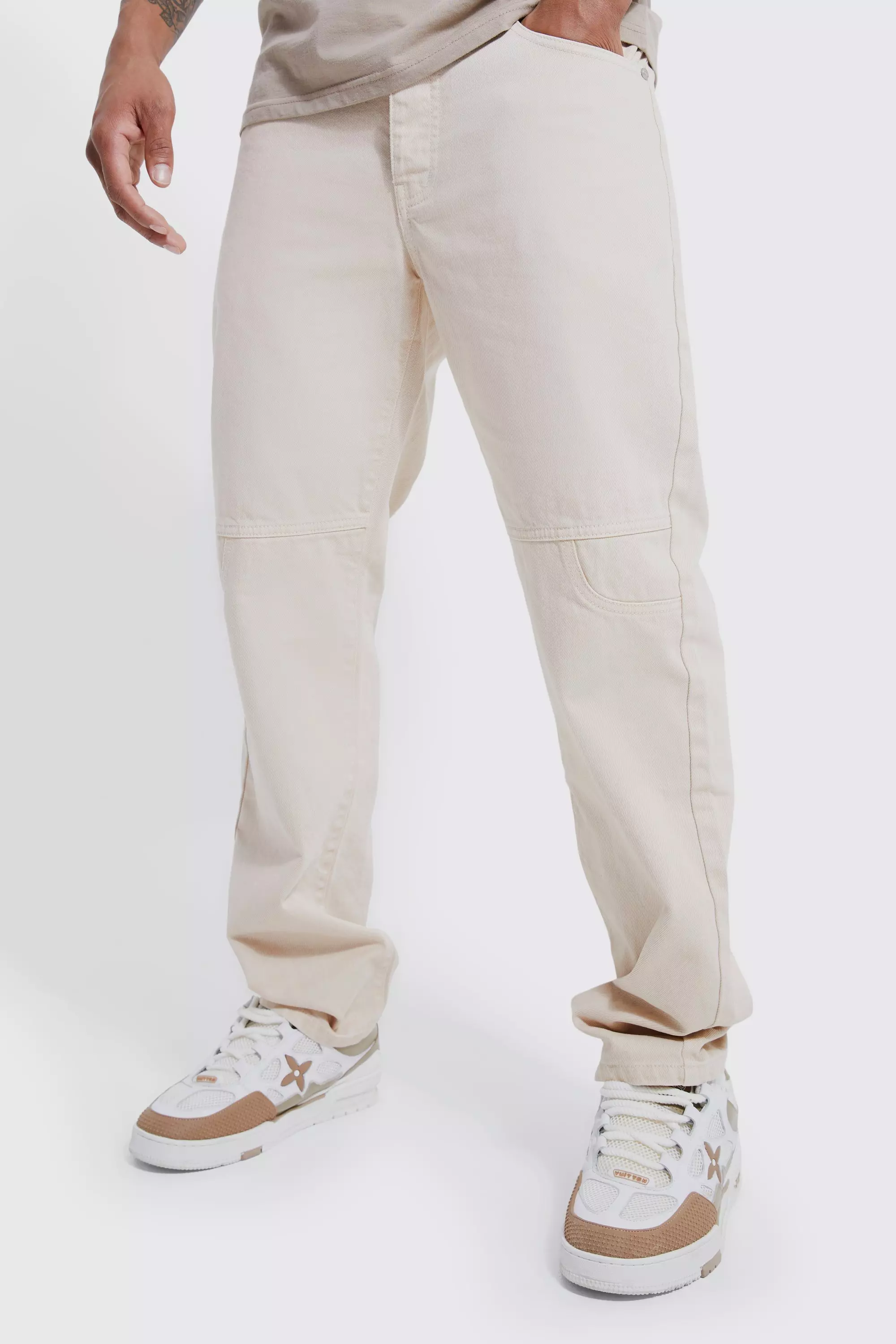 Stone Beige Relaxed Fit Overdyed Panel Jeans