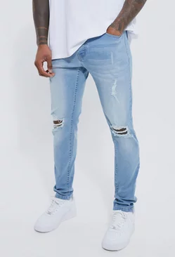 Skinny Stretch Exploded Knee Ripped Jeans Light blue