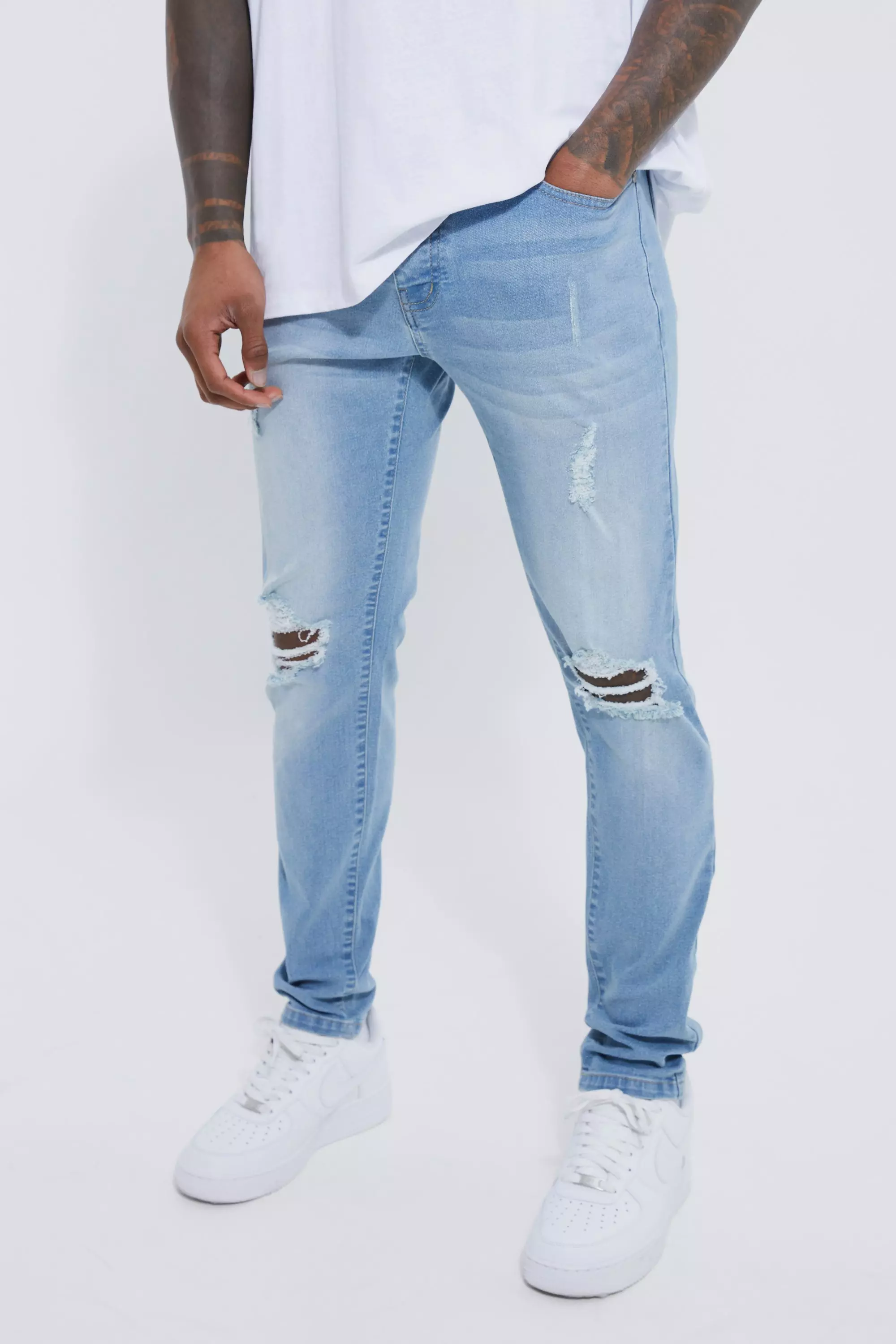 Blue Skinny Stretch Exploded Knee Ripped Jeans