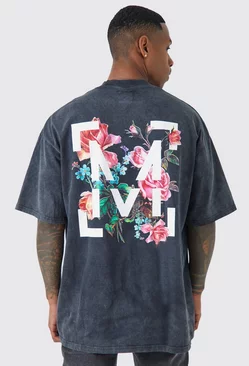 Oversized Floral Graphic Acid Wash T-shirt charcoal
