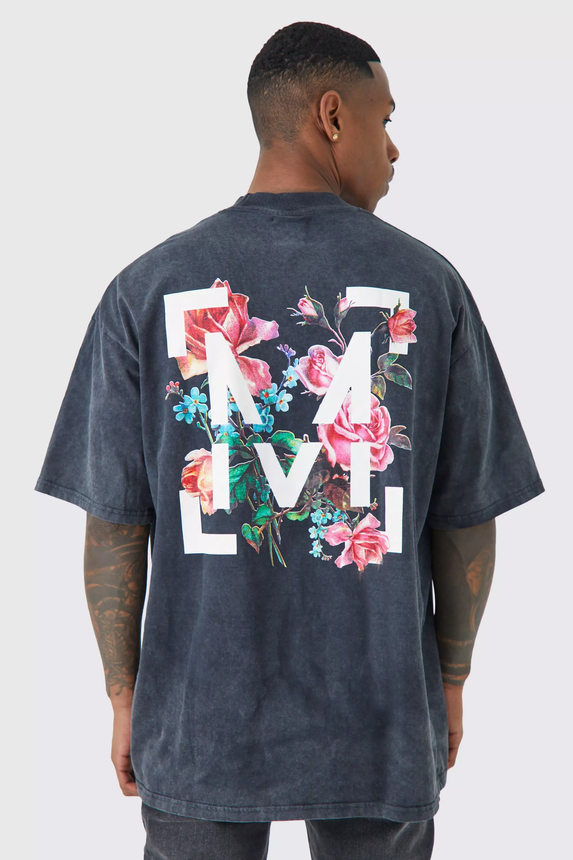 Oversized Floral Graphic Acid Wash T-shirt Charcoal