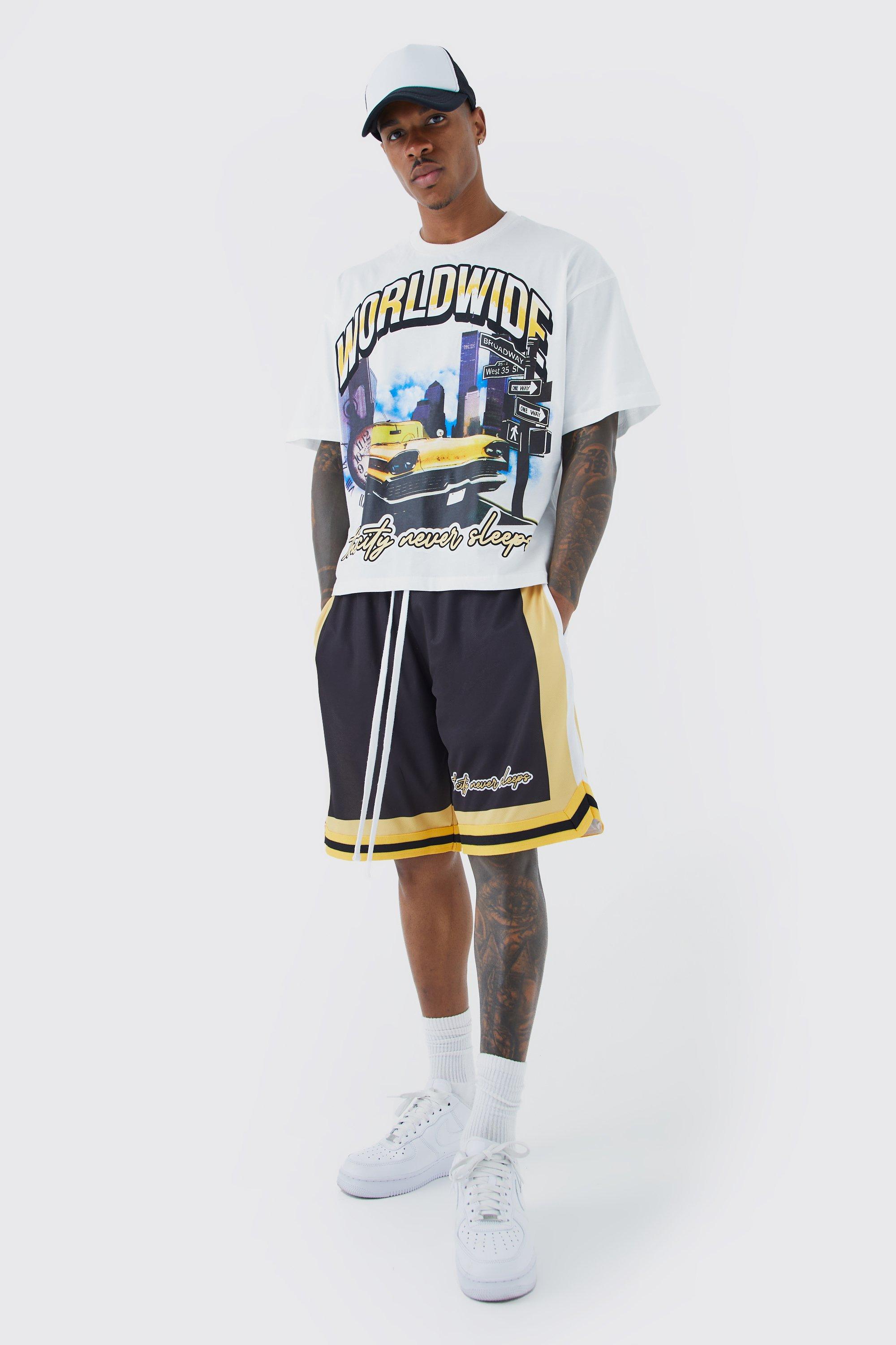 boohooMAN Mens Oversized Boxy Worldwide Basketball Short Set - White