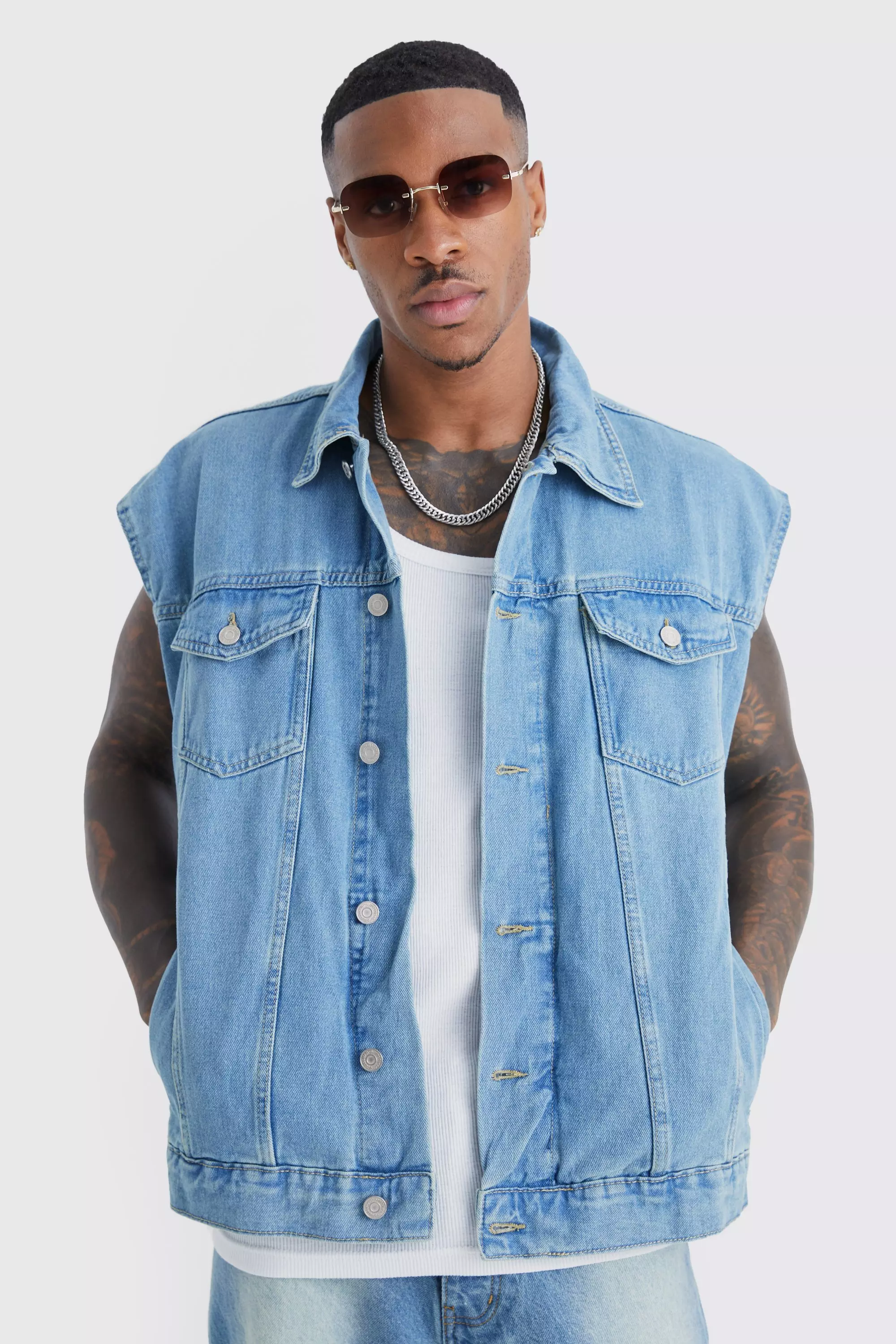 Light grey Oversized Sleeveless Denim Jacket alternative image