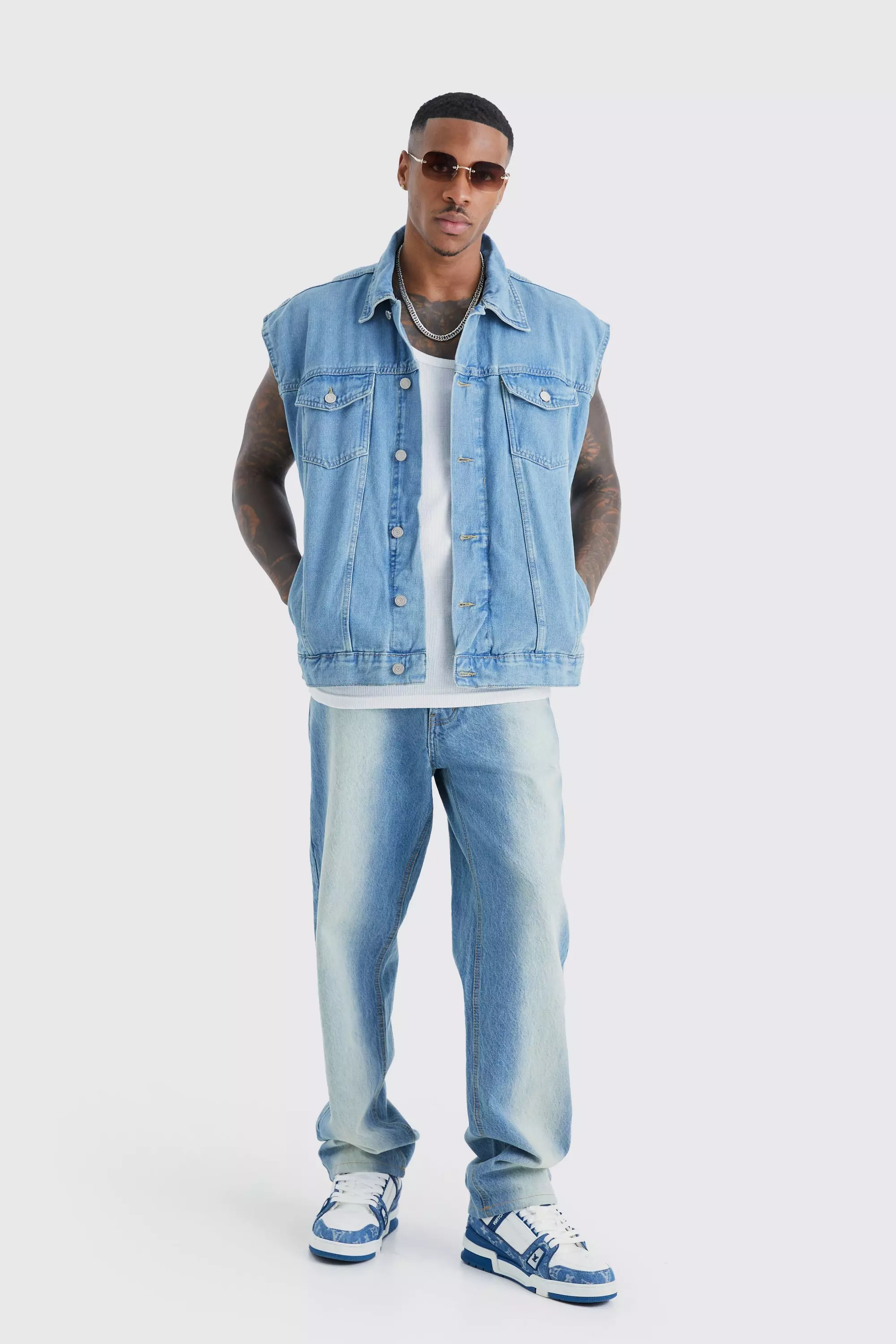Light grey Oversized Sleeveless Denim Jacket alternative image