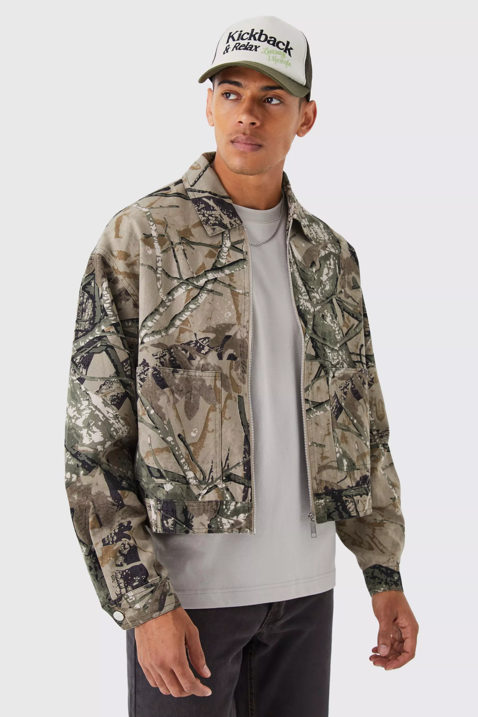 Boxy Camo Twill Harrington boohooMAN