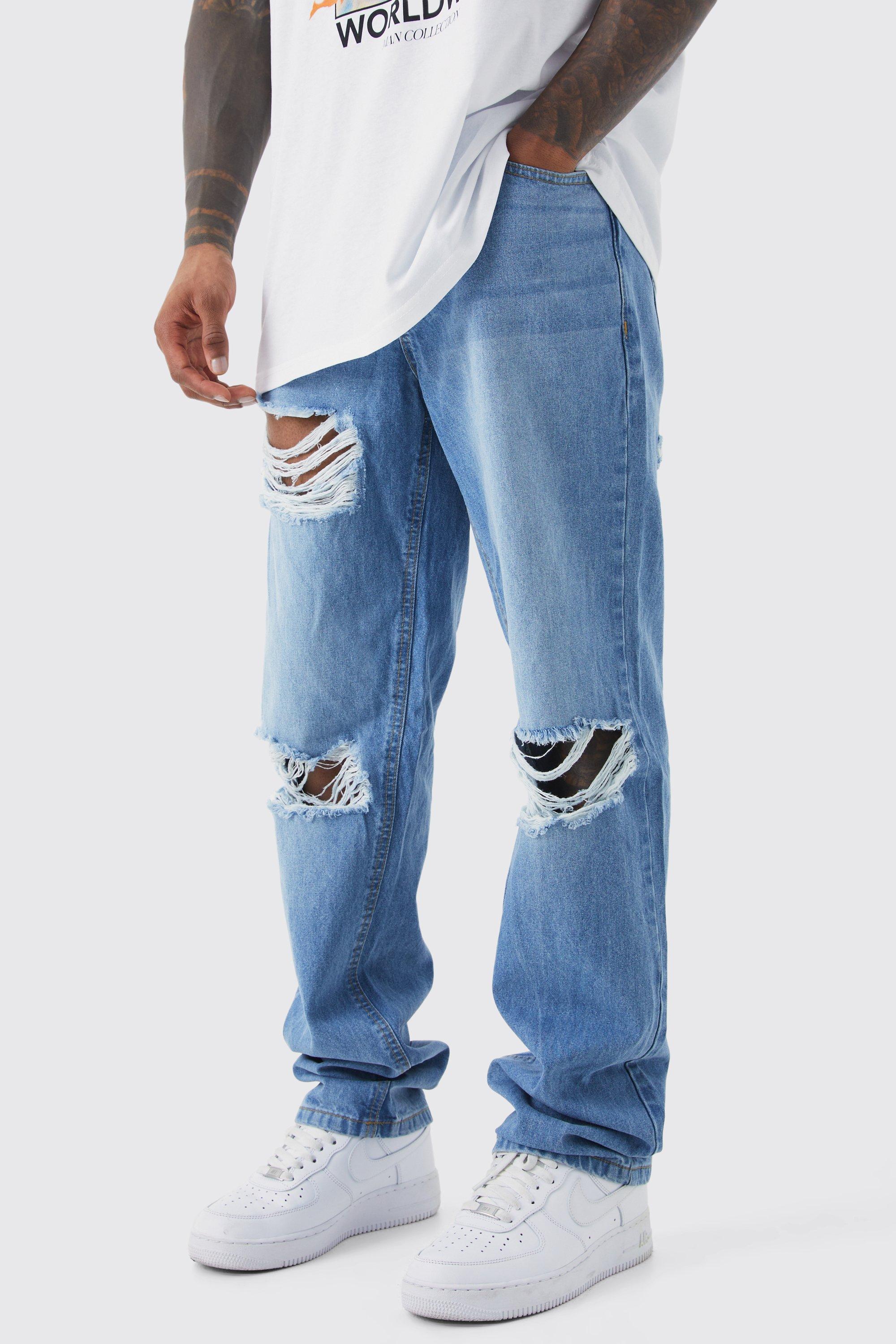 Relaxed Fit Distressed Jeans With Busted Knee, Ripped Relaxed Jeans