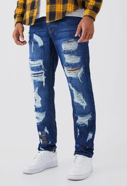 Blue Straight Rigid All Over Ripped Jeans
