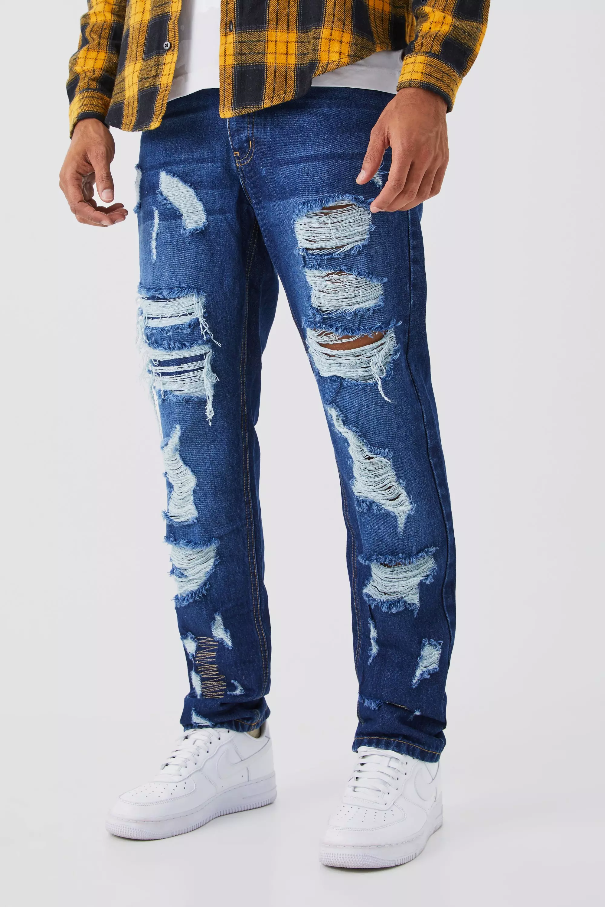Straight Rigid All Over Ripped Jeans Dark blue