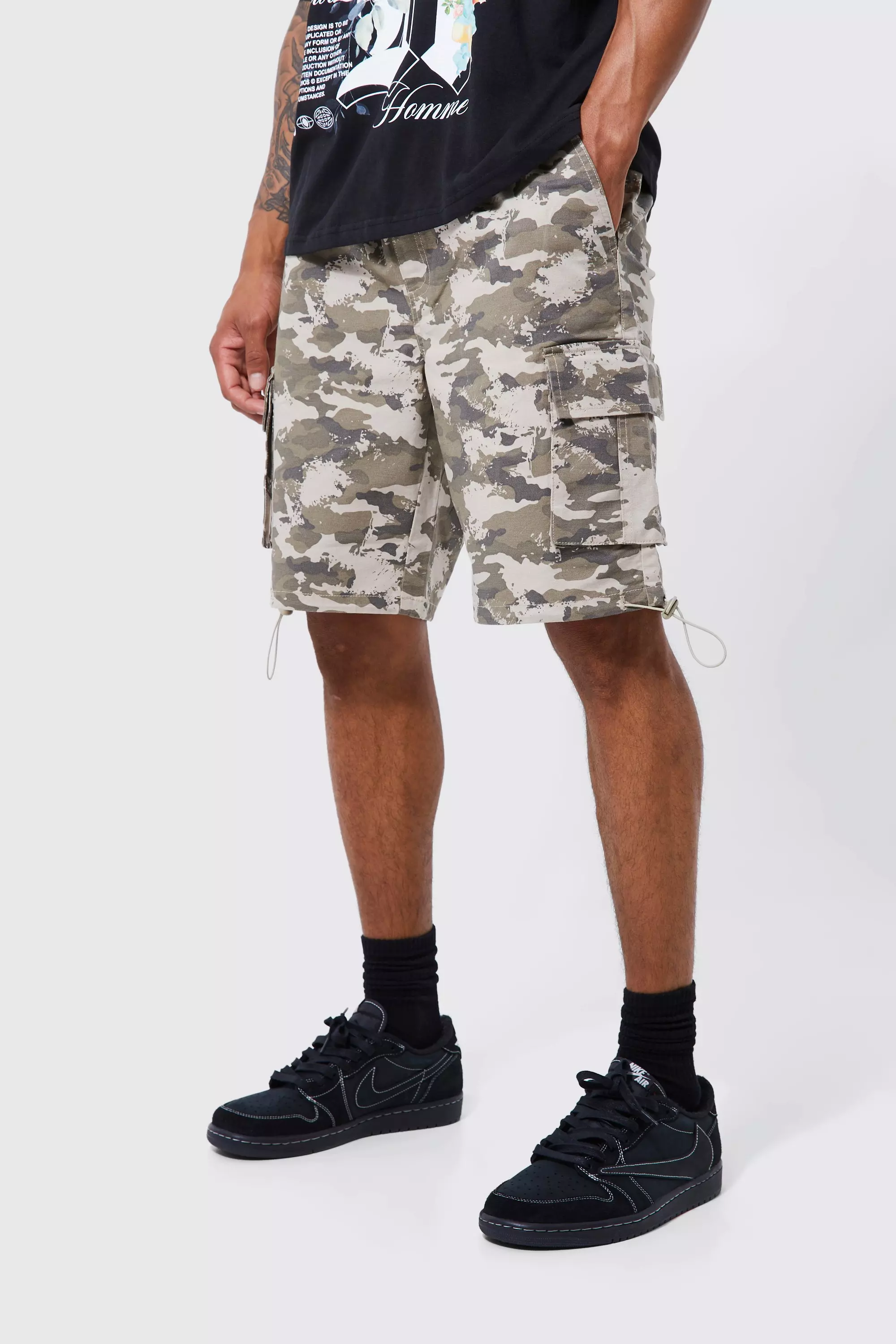 Elastic Relaxed Camo Toggle Hem Cargo Short stone