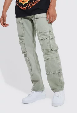 Relaxed Fit Washed Multi Pocket Cargo Jeans Sage