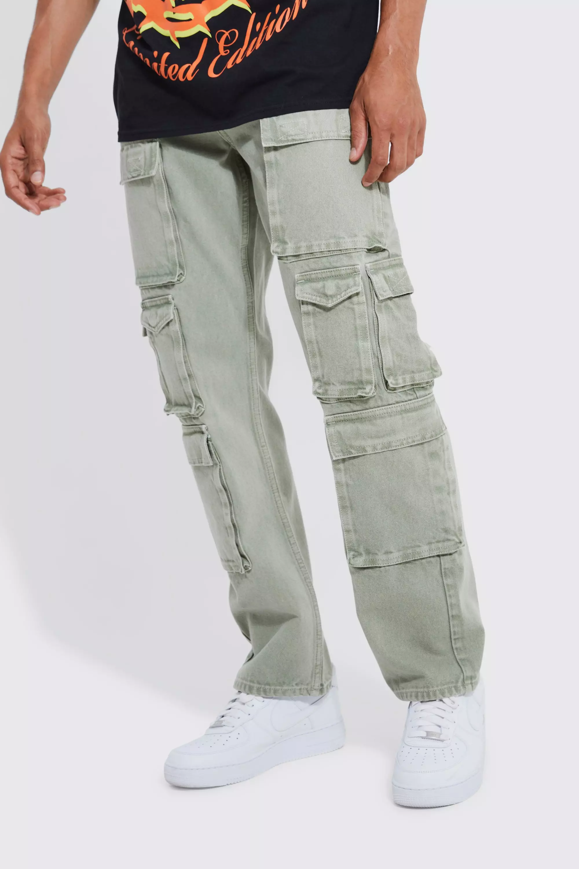 Sage Green Relaxed Fit Washed Multi Pocket Cargo Jeans