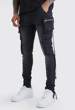 Black Super Skinny Stretch Strap Detail Cargo Jeans