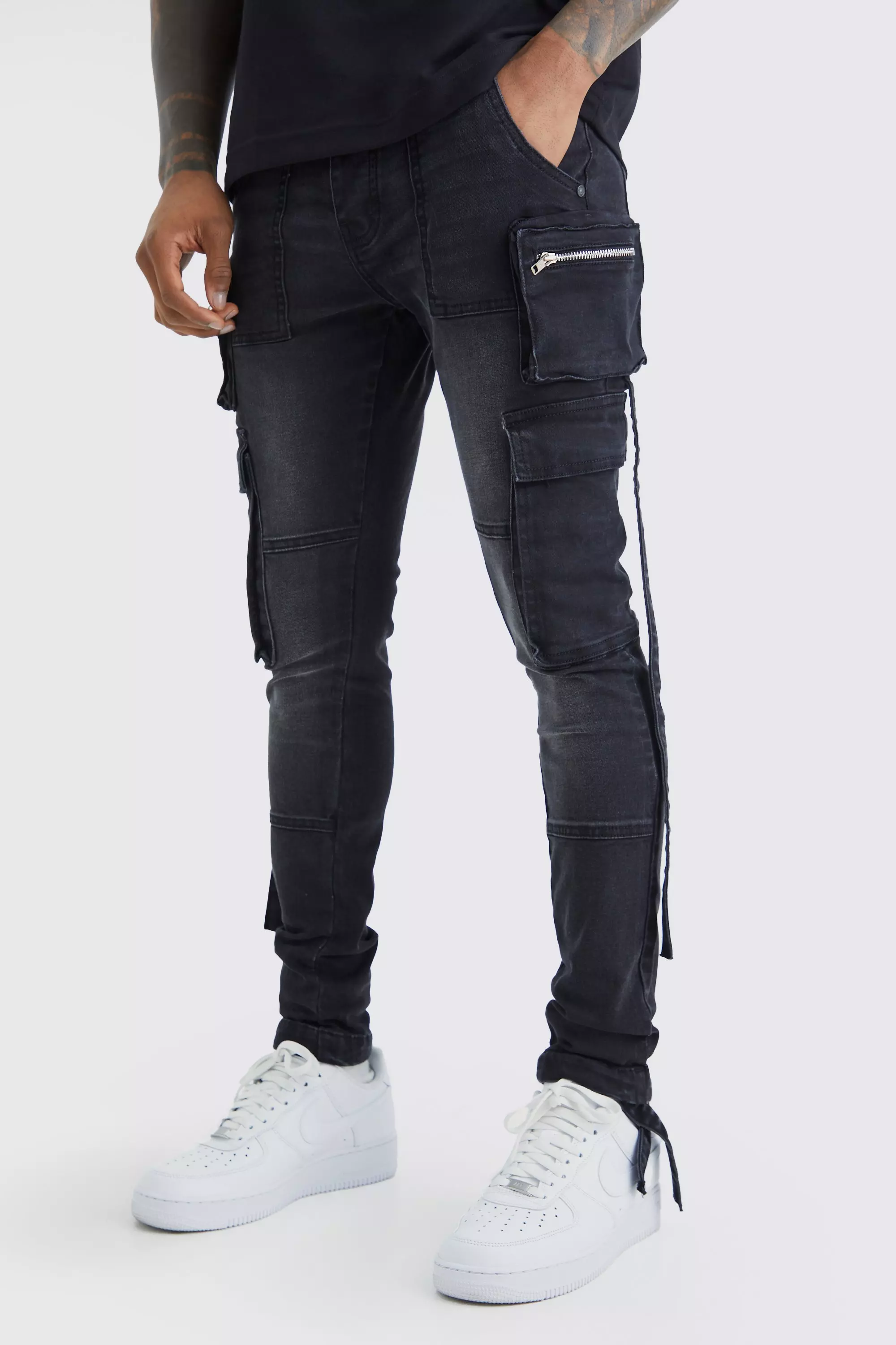 Black Super Skinny Stretch Strap Detail Cargo Jeans